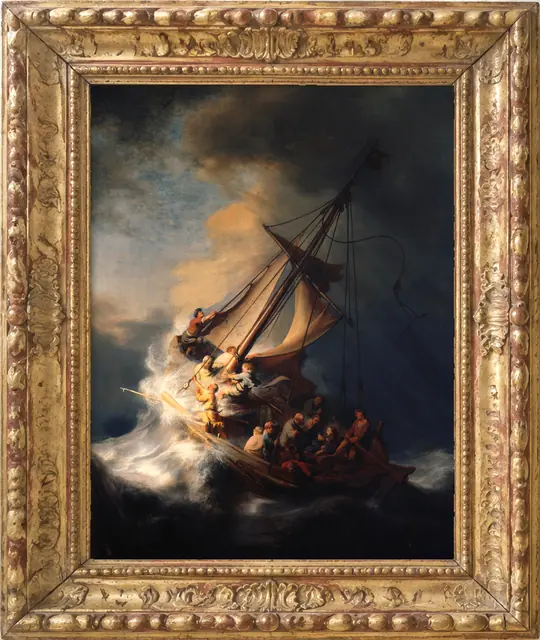 Rembrandt’s painting of the disciples’ boat in a storm on the Sea of Galilee, in a gilt frame