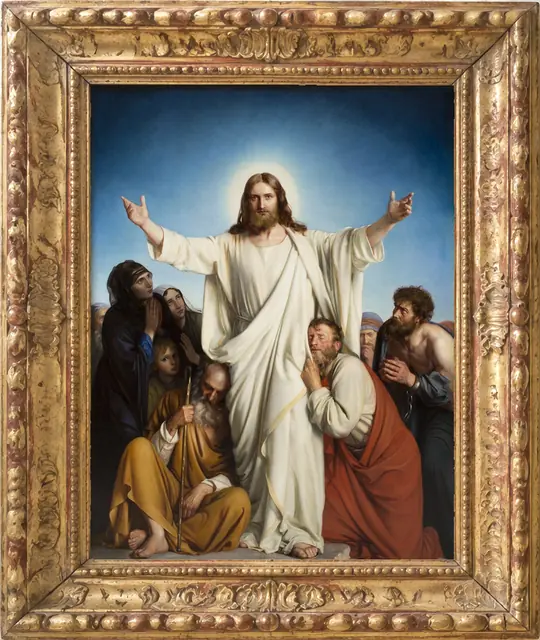 Carl Bloch’s painting of Christ with his arms open among people in mourning, in a gilt frame