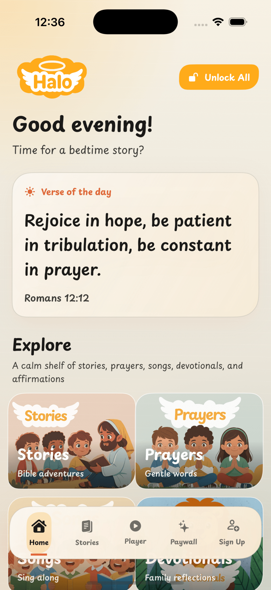Halo app home screen with a daily Bible verse and bedtime faith resources