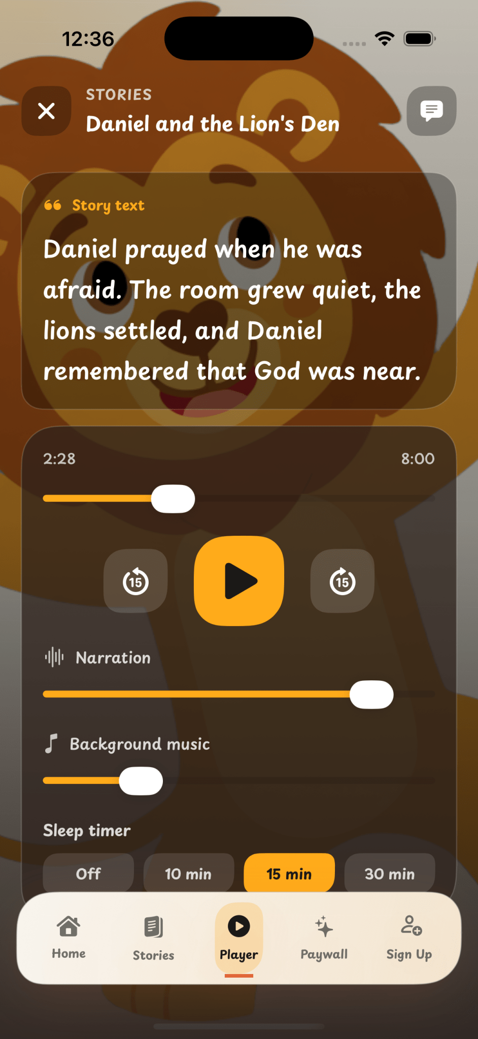 Halo story player for Daniel and the Lions Den with narration and sleep timer controls