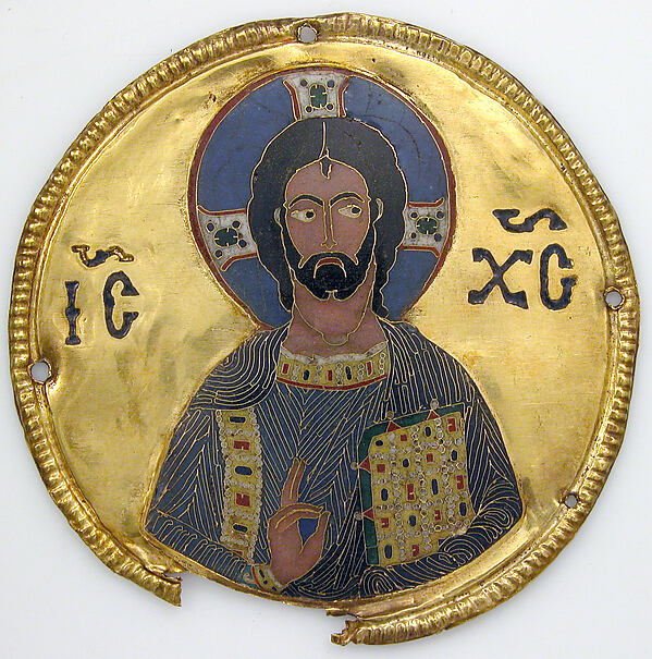 Ein byzantinisches Email-Medaillon, das Christus segnend und mit einem Evangelienbuch darstellt