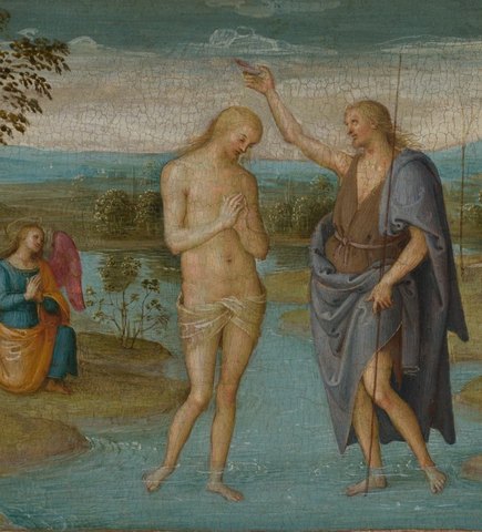 Jesus stands in the shallow river Jordan while John the Baptist raises a small bowl over his head, with angels kneeling on the banks.