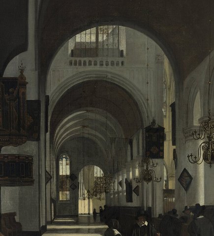 The long white nave of a Dutch church, lit from high windows, with a few worshippers standing between the columns.