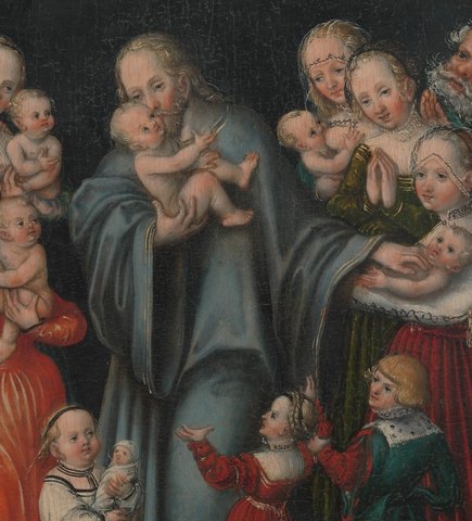 Jesus holds a small child in his arms, surrounded by mothers lifting their babies toward him.