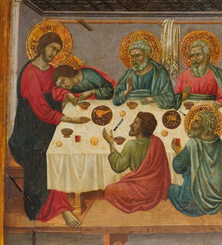 Jesus and the twelve apostles sit at a long white table, with John resting his head against Jesus.