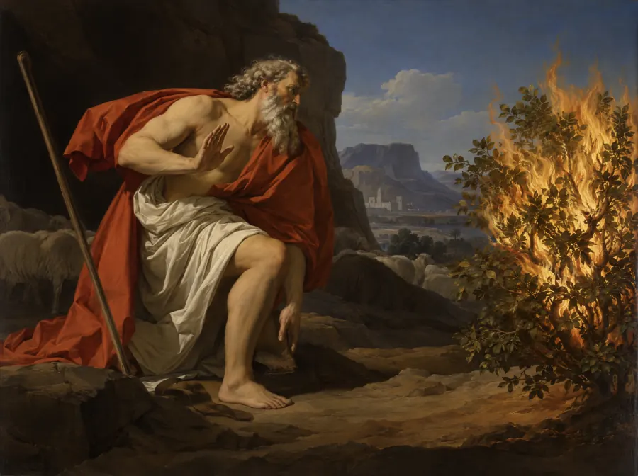 Mozes en het brandende braambos, in de stijl van Jacques-Louis David