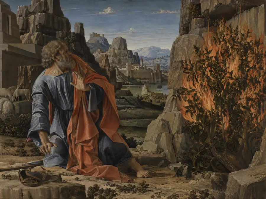 Mose und der brennende Dornbusch, im Stil von Mantegna