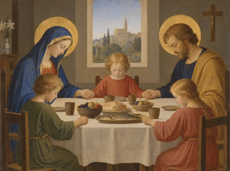 Eine christliche Familie beim Gebet vor einer Mahlzeit, im Stil von Fra Angelico