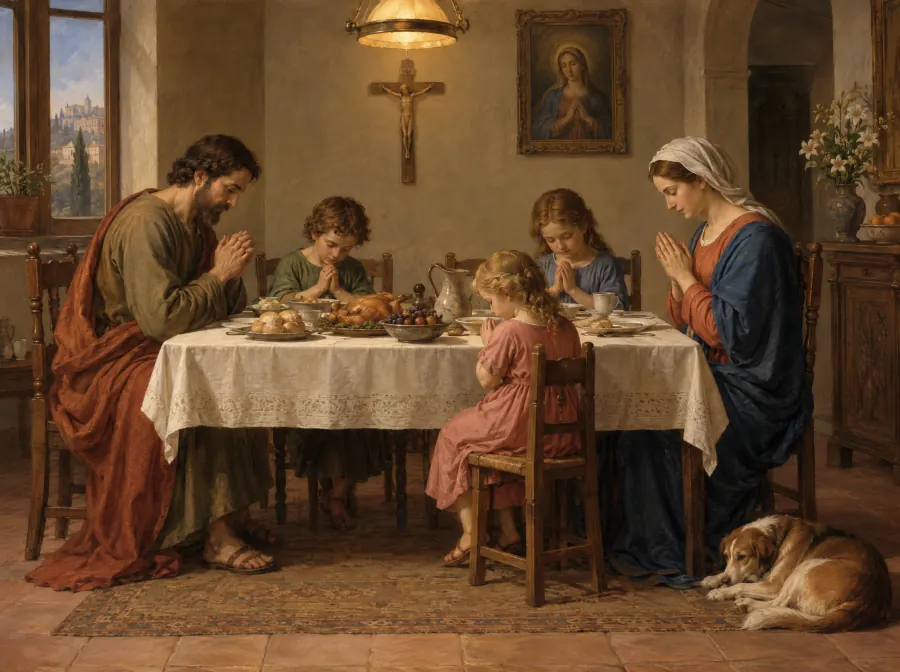 Uma família cristã a rezar antes de uma refeição, ao estilo de Rafael