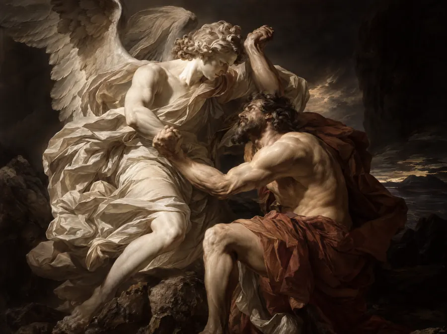 Jacó a lutar com o anjo, no estilo de Bernini