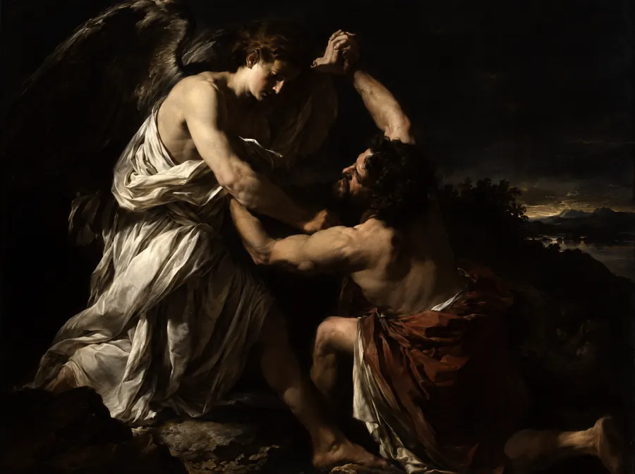 Jakob ringt mit dem Engel, im Stil von Caravaggio