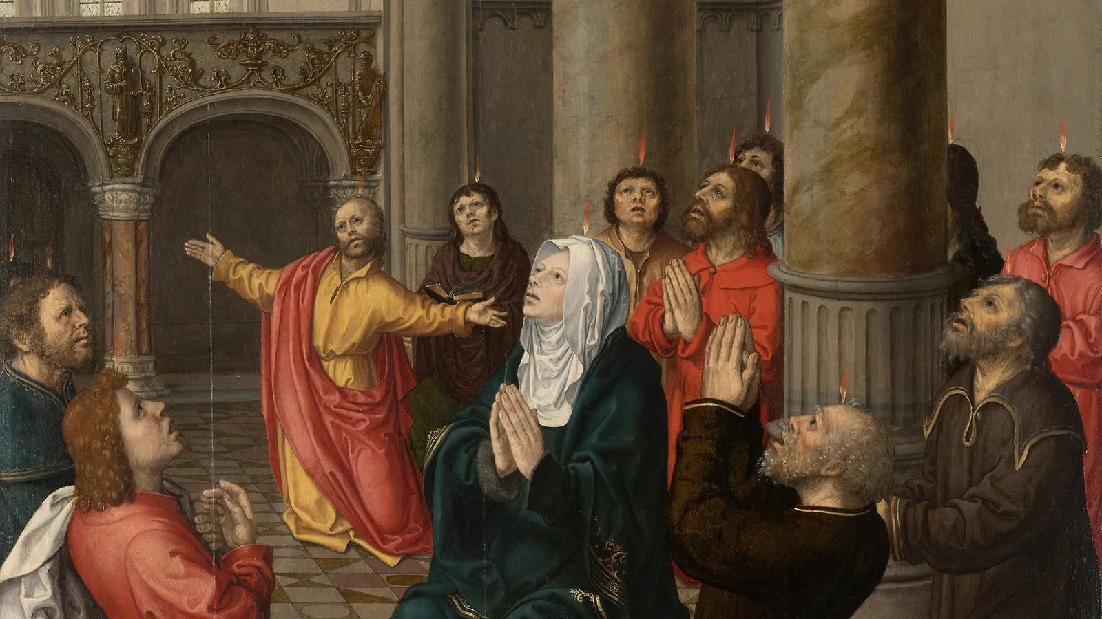 Mary kneels among the apostles in a pillared church with her hands joined in prayer as the dove of the Holy Spirit appears above them and small flames rest on their heads.