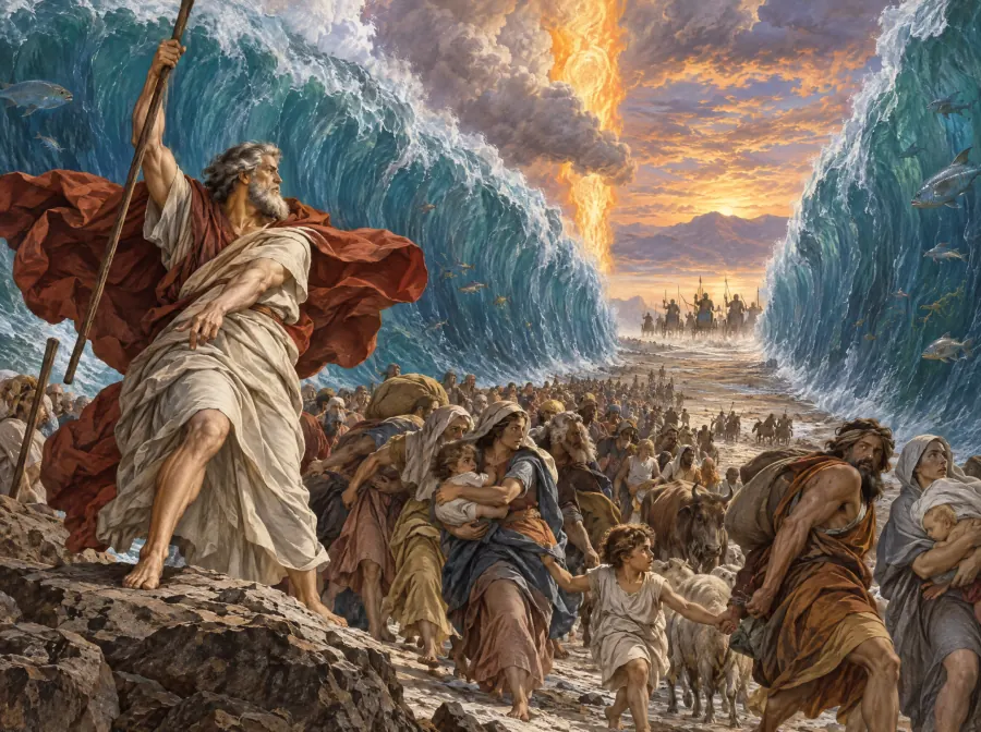 ミケランジェロ風のスタイルで描かれた、紅海を割るモーセ