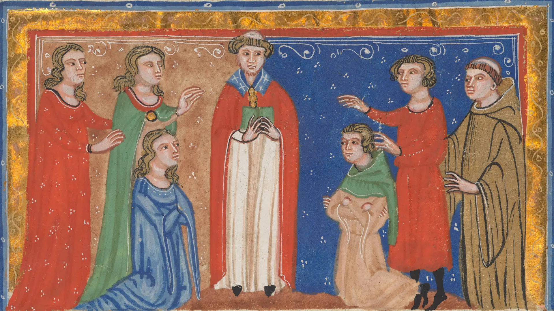 A medieval manuscript painting in a gold border: a priest in a red cope holds a book between a kneeling woman in blue and a kneeling man in green, while their companions stand behind them, two women on the left, a young man and a friar on the right.