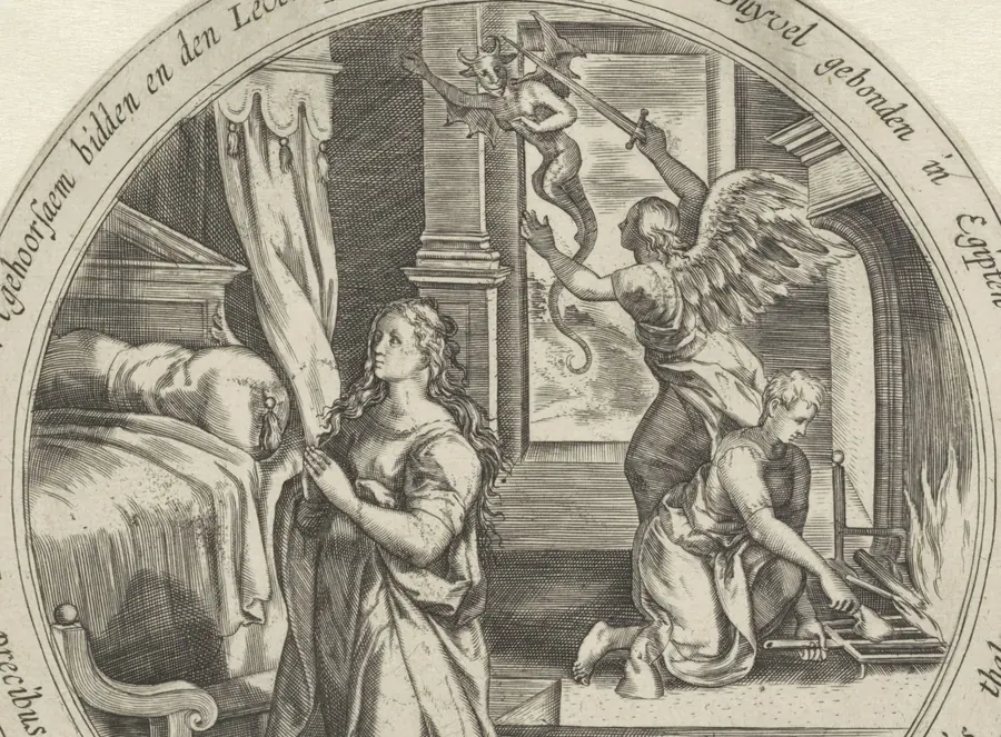 The Wedding Night of Tobias and Sarah (History of Tobias, 8/12), by Anonymous engraver after Crispijn van den Broeck; published by Claes Jansz. Visscher (II)